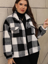 Plus Size Pocketed Plaid Collared Neck Jacket OutfitFlow